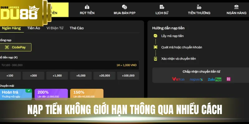 Nạp tiền không giới hạn thông qua nhiều cách